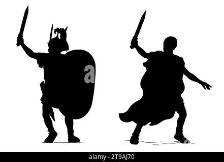 Römischer General und Imperator Gaius Julius Cäsar mit römischem Hauptmann. Krieger-Silhouettenzeichnung. Stockfoto