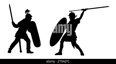 Römischer Legionär gegen die Gallier. Julius Cäsar Gallic War. Historische Silhouettenzeichnung. Stockfoto