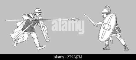 Römische Legionäre gegen die Gallier. Julius Cäsar Gallic War. Historische Zeichnung. Stockfoto