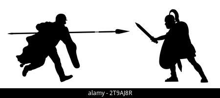 Römischer Legionär gegen die Gallier. Julius Cäsar Gallic War. Historische Silhouettenzeichnung. Stockfoto