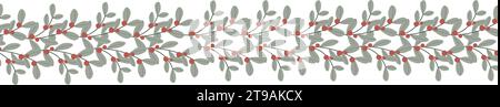 Zweige, Blätter und Beeren in wunderschöner Weihnachtskomposition. Nahtlose horizontale Schnur, Band. Weihnachtsdesign für Einladung, Banner, Begrüßung c Stock Vektor