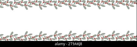 Zweige, Blätter und Beeren in wunderschöner Weihnachtskomposition. Nahtlose horizontale Schnur, Band. Weihnachtsdesign für Einladung, Banner, Begrüßung c Stock Vektor