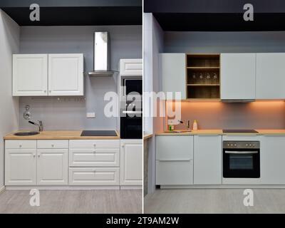Vor und nach Der moderne Küche Apartment Zimmer im renovierten Haus Stockfoto