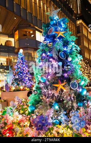 Tokio, Japan. November 2023. Die Menschen genießen die Weihnachtsdekoration vor der Tokyo Hibiya Midtown in Tokio. In diesem Jahr werden 1,2 Millionen Champagner-Lichter verwendet, um Marunouchis Nakadori-Straße zu beleuchten, einer der beliebtesten Leuchtpunkte in Tokio während der Weihnachtszeit. Die Beleuchtung findet bis Mitte Februar statt. (Kreditbild: © Rodrigo Reyes Marin/ZUMA Press Wire) NUR REDAKTIONELLE VERWENDUNG! Nicht für kommerzielle ZWECKE! Stockfoto