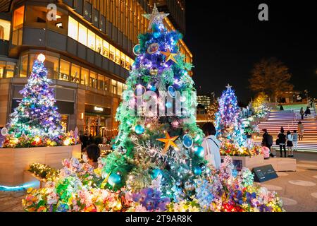 Tokio, Japan. November 2023. Die Menschen genießen die Weihnachtsdekoration vor der Tokyo Hibiya Midtown in Tokio. In diesem Jahr werden 1,2 Millionen Champagner-Lichter verwendet, um Marunouchis Nakadori-Straße zu beleuchten, einer der beliebtesten Leuchtpunkte in Tokio während der Weihnachtszeit. Die Beleuchtung findet bis Mitte Februar statt. (Kreditbild: © Rodrigo Reyes Marin/ZUMA Press Wire) NUR REDAKTIONELLE VERWENDUNG! Nicht für kommerzielle ZWECKE! Stockfoto
