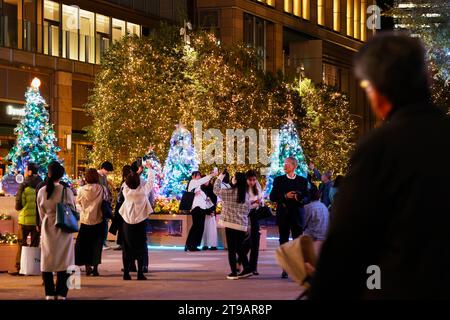 Tokio, Japan. November 2023. Die Menschen genießen die Weihnachtsdekoration vor der Tokyo Hibiya Midtown in Tokio. In diesem Jahr werden 1,2 Millionen Champagner-Lichter verwendet, um Marunouchis Nakadori-Straße zu beleuchten, einer der beliebtesten Leuchtpunkte in Tokio während der Weihnachtszeit. Die Beleuchtung findet bis Mitte Februar statt. (Kreditbild: © Rodrigo Reyes Marin/ZUMA Press Wire) NUR REDAKTIONELLE VERWENDUNG! Nicht für kommerzielle ZWECKE! Stockfoto