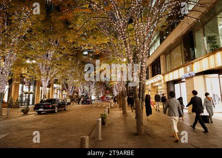 Tokio, Japan. November 2023. LED-Leuchten beleuchten das Geschäftsviertel Marunouchi in Tokio. In diesem Jahr werden 1,2 Millionen Champagner-Lichter verwendet, um Marunouchis Nakadori-Straße zu beleuchten, einer der beliebtesten Leuchtpunkte in Tokio während der Weihnachtszeit. Die Beleuchtung findet bis Mitte Februar statt. (Kreditbild: © Rodrigo Reyes Marin/ZUMA Press Wire) NUR REDAKTIONELLE VERWENDUNG! Nicht für kommerzielle ZWECKE! Stockfoto