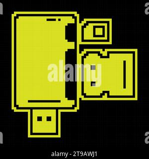 Symbol für Pixelsilhouette. Adapter zum Verbinden externer Träger digitaler Informationen. Einfacher schwarzer und gelber Vektor isoliert Stock Vektor