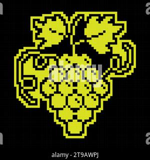 Pixel-Silhouettensymbol, saftige Trauben mit Blättern und Ranken. Fruchtdiät und gesunde Ernährung. Einfacher schwarzer und gelber Vektor isoliert Stock Vektor