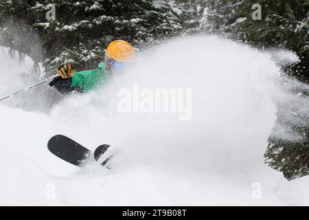Ein männlicher Skifahrer, der im Pulverschnee abbiegt. Stockfoto