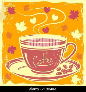 Romantisches Poster zur Herbstkaffezeit mit Aroma-Kaffeetasse Stock Vektor