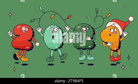 Weihnachtliche, groovige Maskottchen. 2024 Happy noel Briefe. Stock Vektor