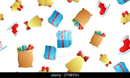 Nahtloses Vektor-Muster mit Weihnachtsartikeln: Socke, Schal, Tasse, Keks, Ball, girlande, Ast, Blatt. Stock Vektor