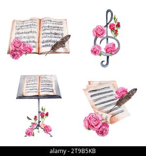 Violine, Streichinstrument, Höhenschlüssel, Notenständer, Noten, Rosenblüten. Sammlung von handgezeichneten Designkompositionen klassischer Musik. Stockfoto