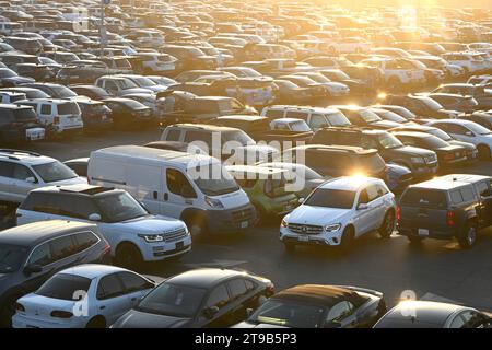 Los Angeles, Kalifornien, USA - 29. Juli 2023: Autos auf dem Parkplatz in Santa Monica bei Sonnenuntergang. Stockfoto