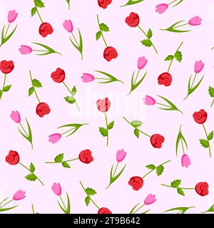 Nahtloses Tulpen- und Rosenmuster im Cartoon-Stil. Floraler Hintergrund auf Rosa. Vektorabbildung. Stock Vektor