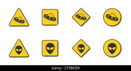 Gefahrenwarnset UFO. Warnschilder für Außerirdische. Illustration des flachen Vektors. Stock Vektor