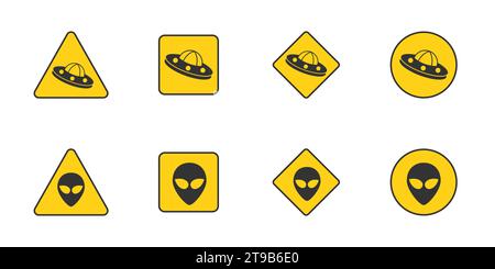 Gefahrenwarnset UFO. Warnschilder für Außerirdische. Illustration des flachen Vektors. Stock Vektor