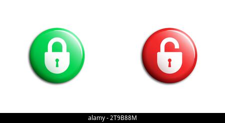 Gesperrte und entsperrte farbige Tasten mit Schatten. Illustration des flachen Vektors. Stock Vektor