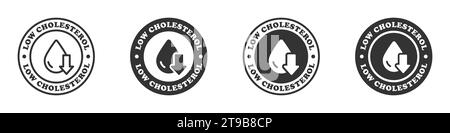 Symbole für niedrigen Cholesterinspiegel. Runde Aufkleber mit Schriftzug. Vektorabbildung Stock Vektor