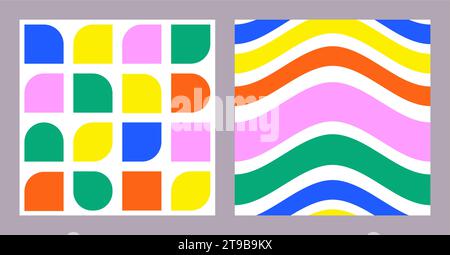 Naive verspielte abstrakte Formen im trendigen, brutalen, nahtlosen Muster. Minimalistisches Schweizer Design. Geometrischer Bauhaus-Druck für Poster und T-Shirt. Vektorabbildung. Stock Vektor