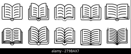 Symbol „Buch öffnen“. Satz von Buchsymbolen im Linienstil. Schwarze Umrisse verschiedener Buchdesigns auf weißem Hintergrund. Vektorabbildung Stock Vektor