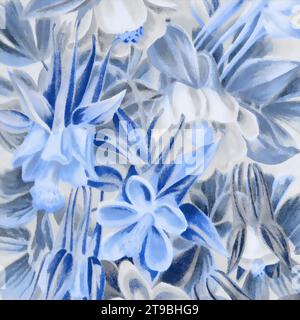 Blaue quadratische Blumenkunst, digital erstellt, mit einem schönen strukturierten Hintergrund. Perfekt, um Ihren Projekten einen Hauch von Kreativität zu verleihen! Stockfoto