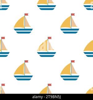 Babyboote handgezeichnetes nahtloses Muster. Hintergrund Kinderspielzeug-Yacht mit Segeln. Niedlicher Meeresdruck für Kindertextilien, Kleidung, Tapeten und Design, Vektor Stock Vektor