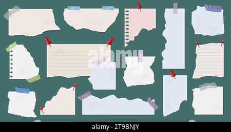 Angeheftete, zerrissene Notizen im Hintergrund. Scrapbook-Stil Notizrahmen, gerissene Kante Stücke Papier mit Klebeband und Push Pin Vektor Set Stock Vektor
