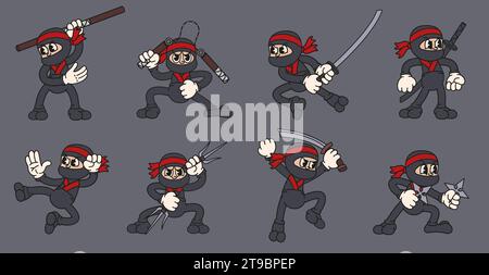 Cartoon-Ninja-Maskottchen. Niedlicher asiatischer Krieger in kämpfenden Posen mit Katana-Schwert, Nunchucks, Shuriken und Sai-Vektor-Illustration Set Stock Vektor