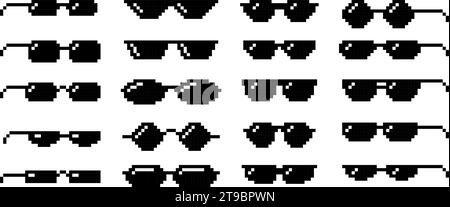 Schwarze Brille Pixel Art Symbole. Boss Sonnenbrillen, 8-Bit-Brillen und Sommerbrillen Formen Vektorset Stock Vektor