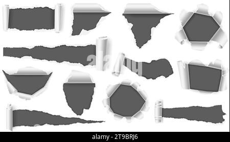 Zerrissenes Papier mit gewellter Ecke. Gerolltes Seitenloch, gerolltes Blatt Papier mit realistischem 3D-Vektorsatz für gerollte Kanten Stock Vektor