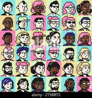 Pixel Art Portrait Benutzerpiksymbole. 8-Bit-Menschen-Gesichter, junge pixelige Menschen Avatare und Retro-Spielfiguren Vektor-Illustration Set Stock Vektor