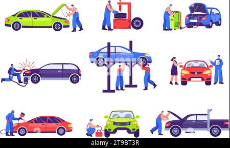 Mitarbeiter des Autoverkehrs. Mechaniker reparieren Automotor, Autoreparaturarbeiten und Auto-Service-Station isolierte Vektor-Illustration Set Stock Vektor
