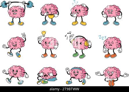 Comic Human Brains Maskottchen. Starkes Gedächtnis Gehirn Charakter hat Idee, Geist Fragen und tun gesunde Sport Übungen 1930s Gummi Schlauch Stil Vektor Stock Vektor