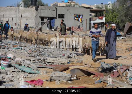 Die Palästinenser kehren in den Bezirk Khezaa am östlichen Stadtrand der Stadt Khan Yunis im südlichen Gazastreifen zurück die Palästinenser kehren in den Bezirk Khezaa am östlichen Stadtrand der Stadt Khan Yunis im südlichen Gazastreifen zurück, um ihre Häuser nach wochenlangem israelischen Bombardement zu inspizieren. als viertägiger Waffenstillstand trat der Brand am 24. November 2023 in Kraft. Der Waffenstillstand im israelisch-Hamas-Krieg begann am 24. November und schien sich zu halten, unter einem Abkommen, das besagt, dass Geiseln im Austausch für palästinensische Gefangene freigelassen werden. Foto von Omar Ashtawy apaimages Khan Yunis Gazastreifen palästinensisches Gebiet 241123  Stockfoto