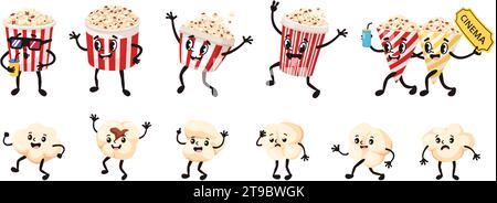 Comic Popcorn Maskottchen. Lustige knallende Mais- und Popcorn-Eimer-Zeichen in 1930er Jahre Gummischlauch-Stil, Vektor-Illustration Set Stock Vektor