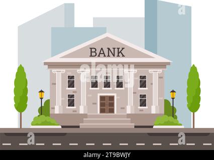 Fassade des Bankgebäudes mit Zeichentrickfilm. Außenarchitektur der Stadtbank mit Säulen, Finanzdienstleistungen und Haus des Geldes flache Vektor Illustration Stock Vektor