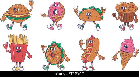 Cartoon-Fastfood-Maskottchen. Fröhlicher Burger, mexikanischer Taco, süßer Donut und Muffin. Pommes, Street Hot Dog und Eis. Vektorsatz für Foodie-Zeichen Stock Vektor