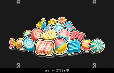 Vektor-Candy-Stapel, dekoratives horizontales Poster mit Umrissillustration des mehrfarbigen Candy-Stilllebens, süßer Druck mit Cartoon-Design harte Cand Stock Vektor