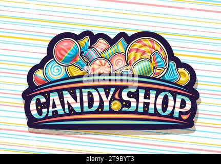 Vektor-Logo für Candy Shop, dunkles dekoratives Schild mit Zeichentrickdesign bunter Bonbons und Lollipops Stillleben Komposition und einzigartiger Pinselbuchstabe Stock Vektor
