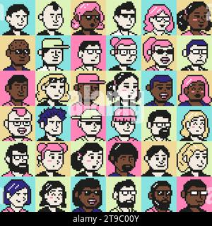 Pixel Art Portrait Benutzerpiksymbole. 8-Bit-Menschen-Gesichter, junge pixelige Menschen Avatare und Retro-Spielfiguren Vektor-Illustration Set Stock Vektor