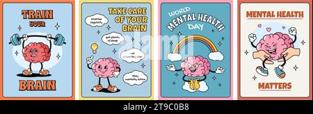 Plakate zur psychischen Gesundheit. Passen Sie auf und trainieren Sie Gehirn, Welt psychische Gesundheit Tag Karte mit Cartoon Gehirn Maskottchen Vektor-Set Stock Vektor