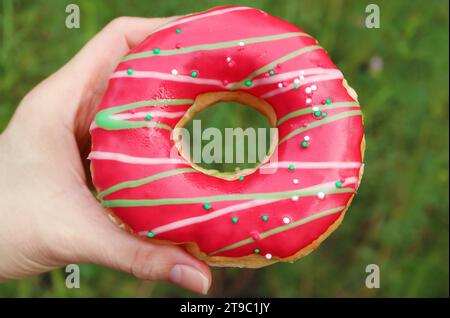 Nahaufnahme des Weihnachtsthemas Donut in der Hand mit verschwommenem grünem Laub im Hintergrund Stockfoto