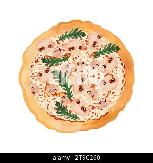 Pizza mit Champignons und Rucola auf dickem Teig. Isolierte Aquarellillustration auf weißem Hintergrund für Menüs und Rezepte Stockfoto