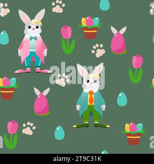 Nahtloses Muster Osterhase und dekoratives Ei mit Ohren und dekorativem Blumentopf Tulpe und Kaninchen Fußabdruck auf grünem Hintergrund. Stock Vektor