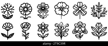 Blumensymbole eingestellt. Sammlung von schwarzen, linearen Blumensymbolen. Verschiedene einfarbige Blumensymbole. Vektorabbildung Stock Vektor