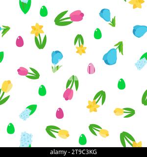 Nahtlose Frühlingsmuster gelbe und rosafarbene Tulpen, Narzissen und Krokusse. Osterschmuck für Textilien, Verpackungen, Hintergrunddesign im Cartoon-Stil. Stock Vektor