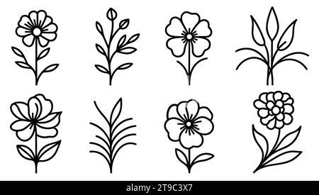 Blumensymbole eingestellt. Sammlung von schwarzen, linearen Blumensymbolen. Verschiedene einfarbige Blumensymbole. Vektorabbildung Stock Vektor