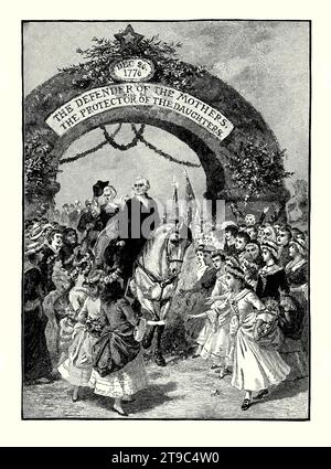Eine alte Gravur von George Washingtons Eingang durch den Triumphbogen, die von den Bürgern in Trenton, New Jersey, USA, am 21. April 1789 errichtet wurde. Es stammt aus einem amerikanischen Geschichtsbuch aus dem Jahr 1895. Am 14. April erfuhr Washington, dass er zum ersten Präsidenten der Vereinigten Staaten gewählt wurde. Zwei Tage später verließ er sein Haus in Mount Vernon auf dem Weg nach New York City zur Einweihung. Auf dem Weg reiste er durch viele Städte und Städte, wo er mit ähnlichen Feiern gefeiert wurde. Stockfoto